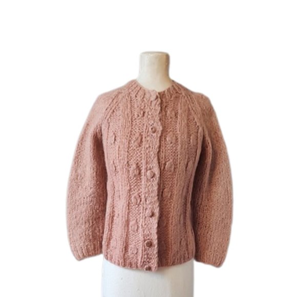 Vintage Sweaters - 1960s Vintage Peach Taupe Warm Chunky Hand Knit In Italy Cardigan Sweater Large